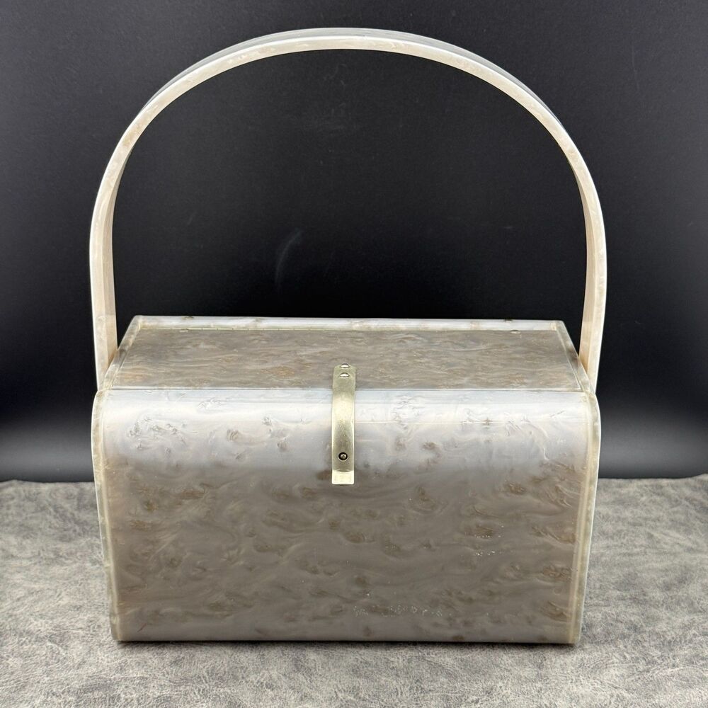 Vintage Wilardy Gray Pearlized Lucite Swirl Box Purse Handbag Mirror 1950s